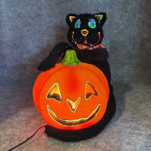 Vtg Gemmy Fiberoptic Halloween Black Cat Jack O Lantern Lamp Decor 2004 Pumpkin
